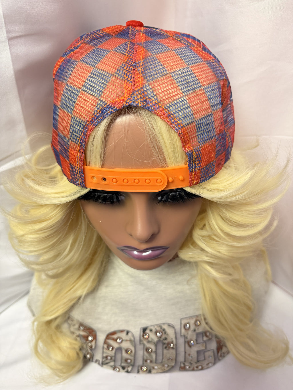 Blue & Orange Checkered Mesh Print Snapback Trucker Hat
