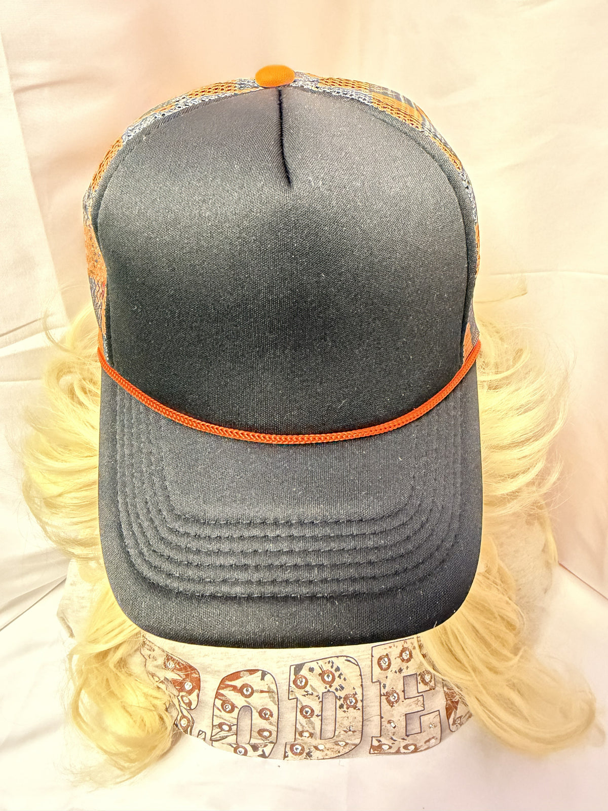 Grey & Orange Checkered Mesh Print Snapback Trucker Hat