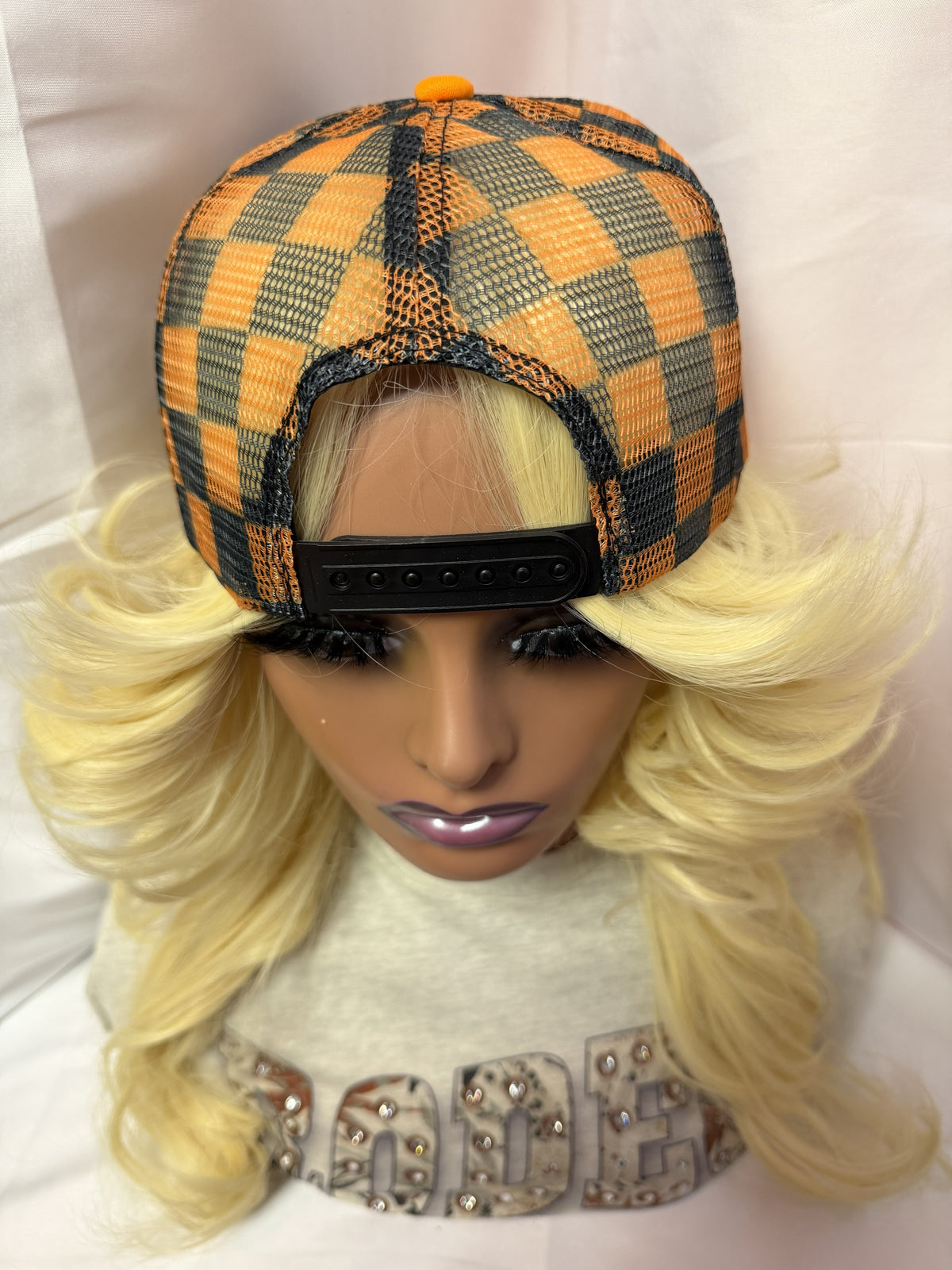 Grey & Orange Checkered Mesh Print Snapback Trucker Hat