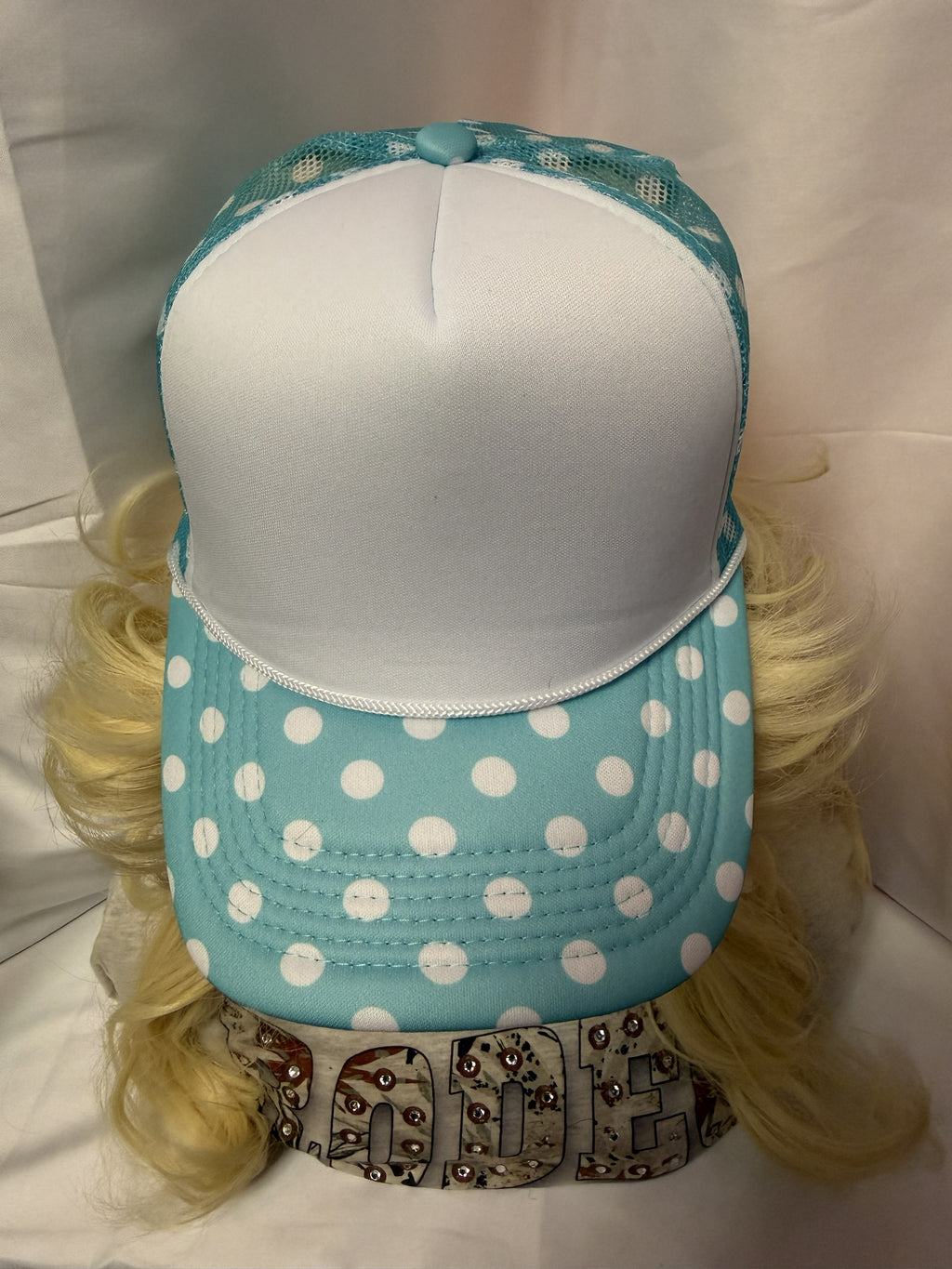 Light Blue & White Polka Dot Mesh Snapback Trucker Hat