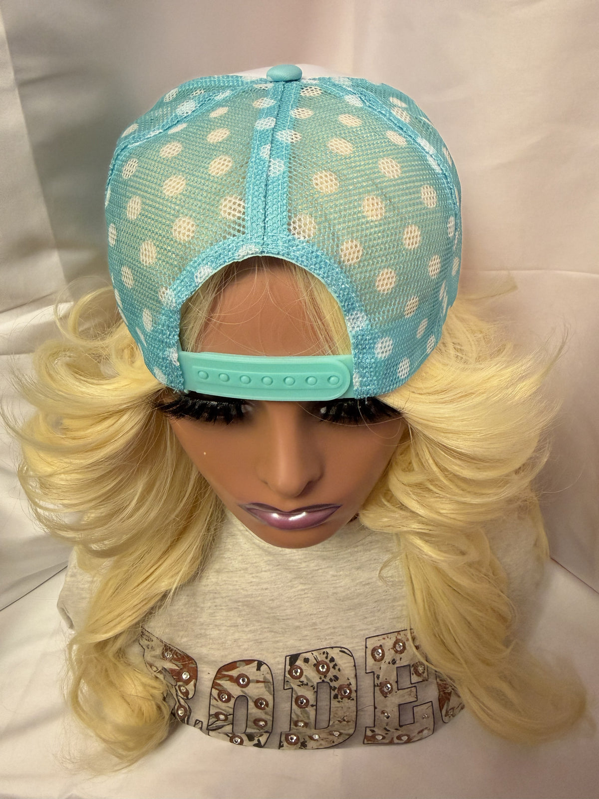 Light Blue & White Polka Dot Mesh Snapback Trucker Hat