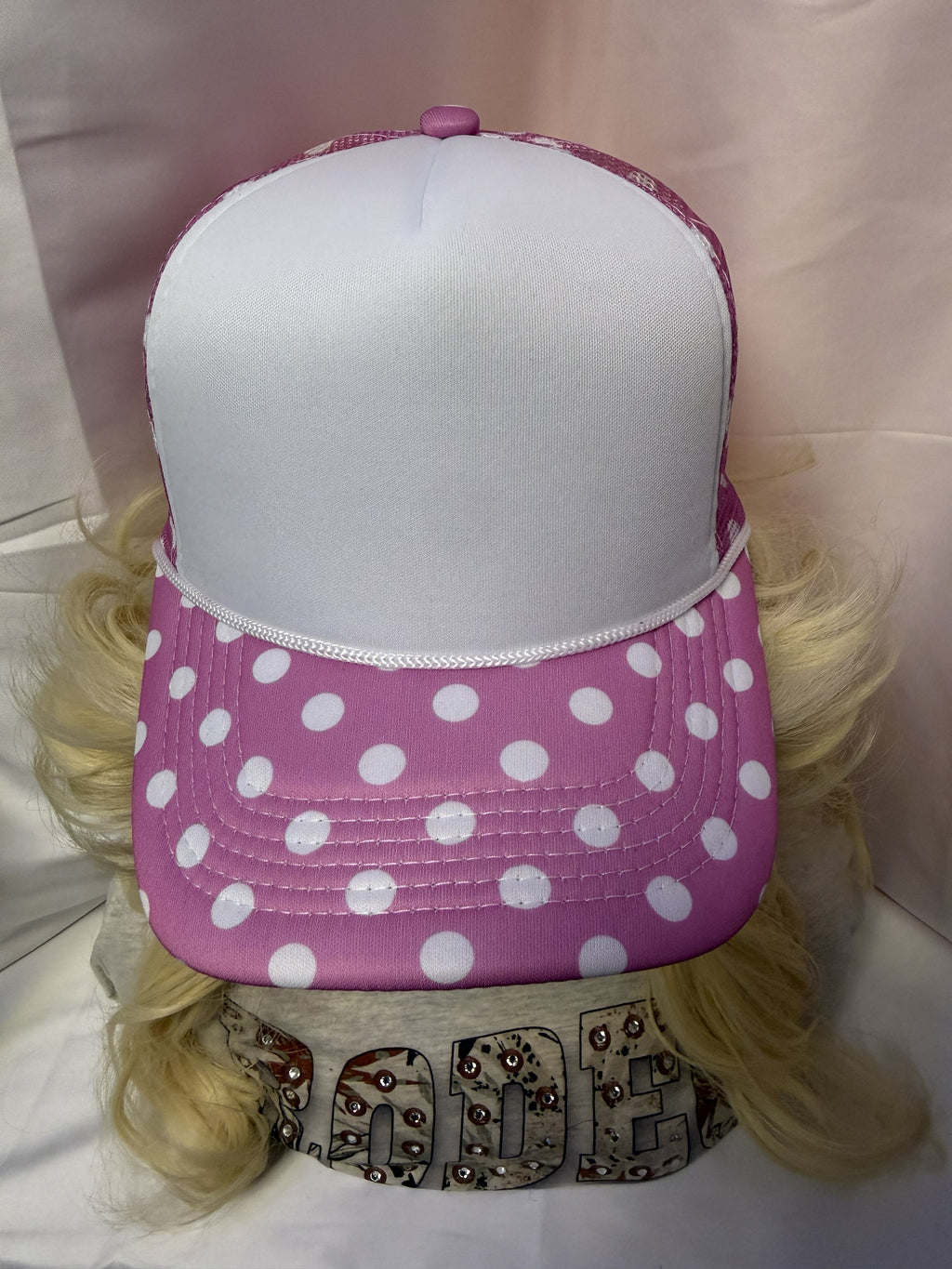 Light Pink & White Polka Dot Mesh Snapback Trucker Hat