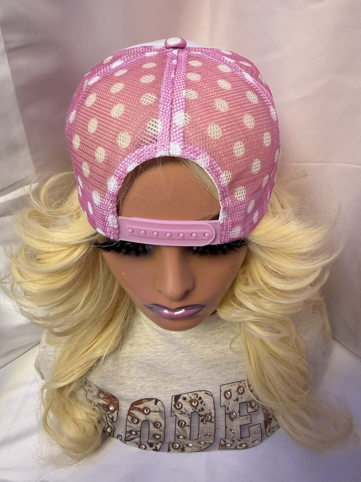 Light Pink & White Polka Dot Mesh Snapback Trucker Hat