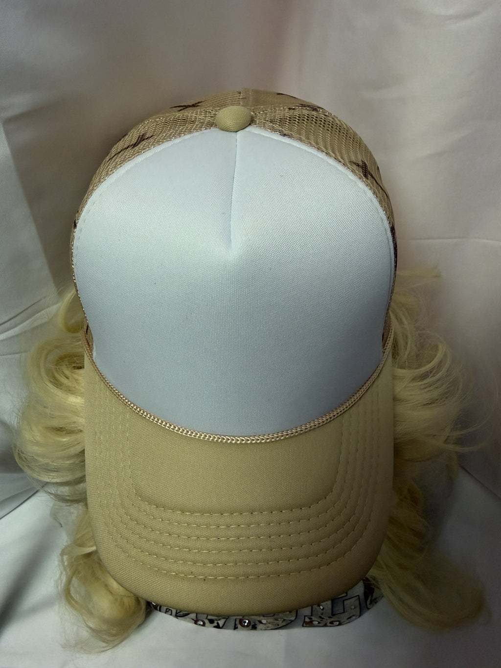 White & Beige Cross Print Mesh Snapback Trucker Hat