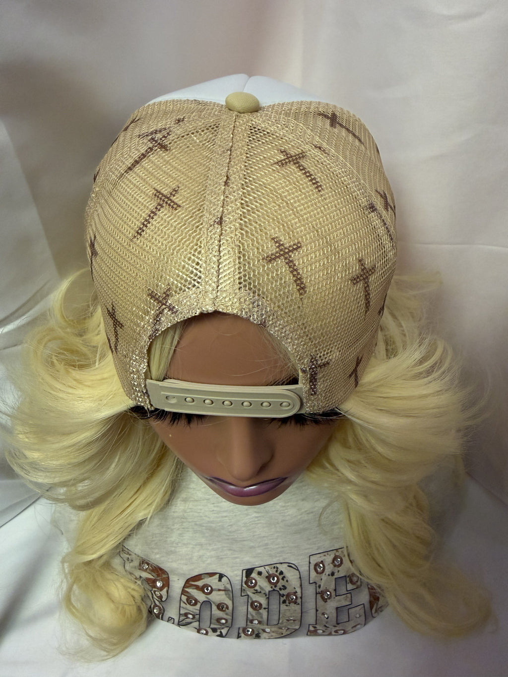 White & Beige Cross Print Mesh Snapback Trucker Hat